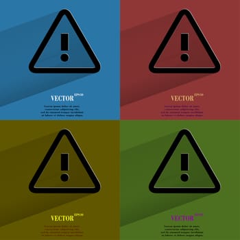 Color set danger. exclamation mark Flat modern web button with long shadow and space for your text. . 