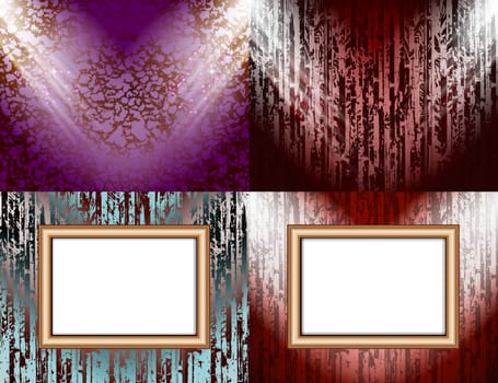 Set of Blank frame on a color wall lighting, abstract colored background with spotlights.  illustration