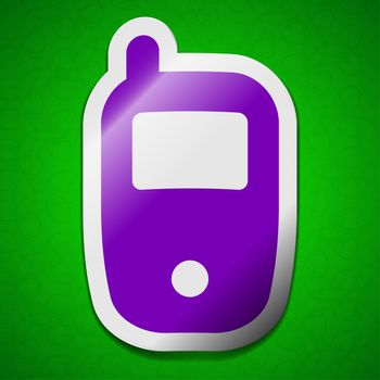 Mobile telecommunications technology icon sign. Symbol chic colored sticky label on green background.  illustration