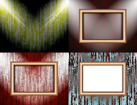 Set of Blank frame on a color wall lighting, abstract colored background with spotlights.  illustration