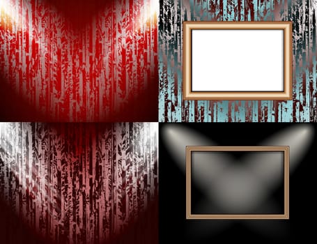 Set of Blank frame on a color wall lighting, abstract colored background with spotlights.  illustration