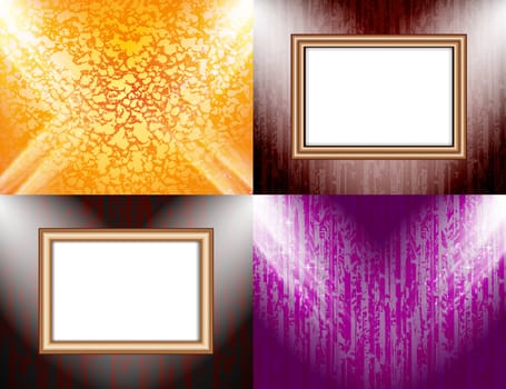 Set of Blank frame on a color wall lighting, abstract colored background with spotlights.  illustration