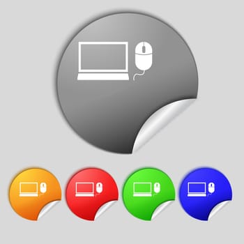 Computer widescreen monitor, mouse sign icon. Set colourful buttons  illustration