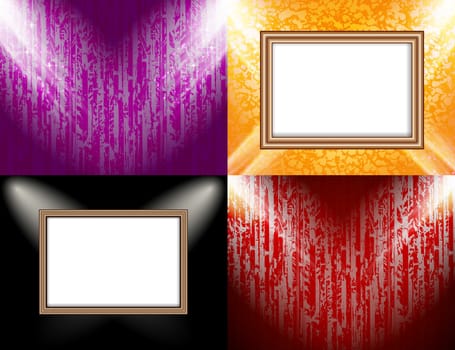 Set of Blank frame on a color wall lighting, abstract colored background with spotlights.  illustration