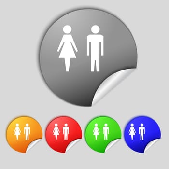 WC sign icon. Toilet symbol. Male and Female toilet. Set colourful buttons  illustration