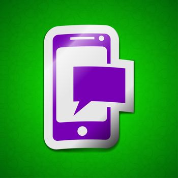 Message sms icon sign. Symbol chic colored sticky label on green background.  illustration