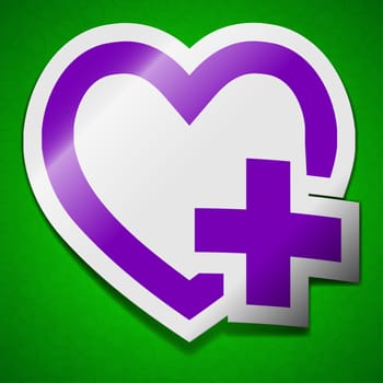 Medical heart icon sign. Symbol chic colored sticky label on green background.  illustration