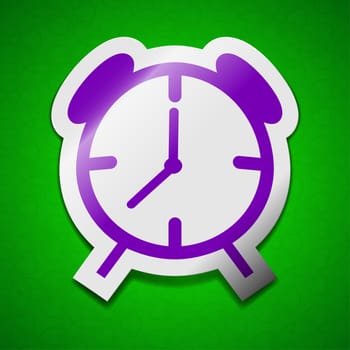 Alarm clock icon sign. Symbol chic colored sticky label on green background.  illustration