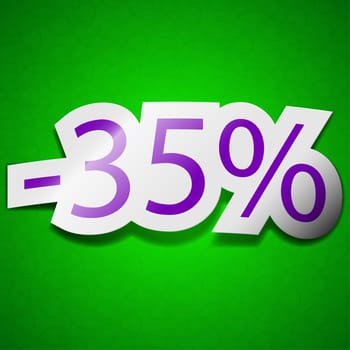 35 percent discount icon sign. Symbol chic colored sticky label on green background.  illustration