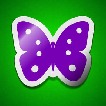 Butterfly icon sign. Symbol chic colored sticky label on green background.  illustration