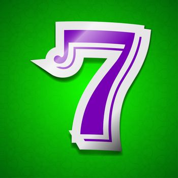 number seven icon sign. Symbol chic colored sticky label on green background.  illustration