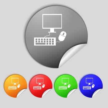 Computer widescreen monitor, keyboard, mouse sign icon. Set colourful buttons  illustration