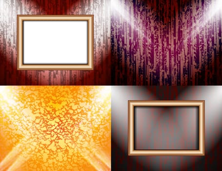 Set of Blank frame on a color wall lighting, abstract colored background with spotlights.  illustration