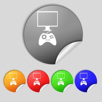 Joystick and monitor sign icon. Video game symbol. Set colourful buttons.  illustration