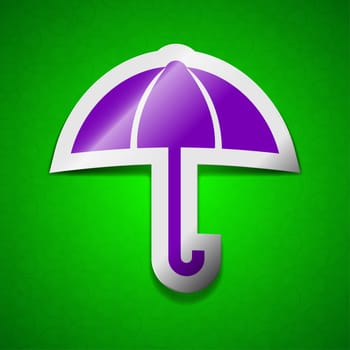 Umbrella icon sign. Symbol chic colored sticky label on green background.  illustration