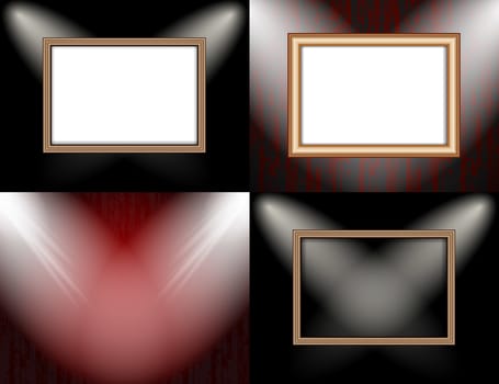 Set of Blank frame on a color wall lighting, abstract colored background with spotlights.  illustration