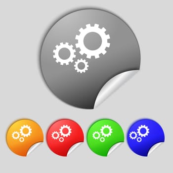 Cog settings sign icon. Cogwheel gear mechanism symbol. Set colourful buttons.  illustration