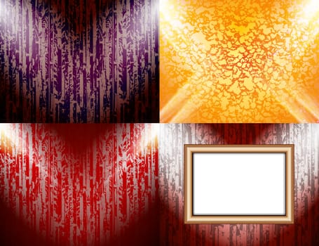 Set of Blank frame on a color wall lighting, abstract colored background with spotlights.  illustration