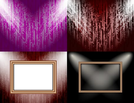 Set of Blank frame on a color wall lighting, abstract colored background with spotlights.  illustration