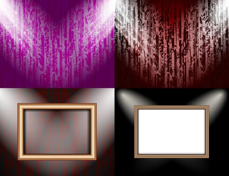 Set of Blank frame on a color wall lighting, abstract colored background with spotlights.  illustration