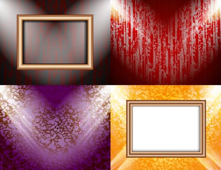 Set of Blank frame on a color wall lighting, abstract colored background with spotlights.  illustration