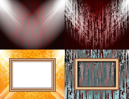 Set of Blank frame on a color wall lighting, abstract colored background with spotlights.  illustration