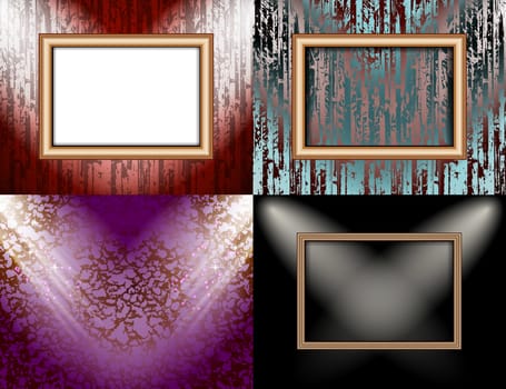 Set of Blank frame on a color wall lighting, abstract colored background with spotlights.  illustration