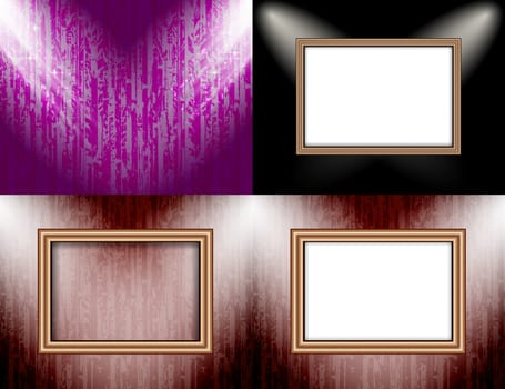 Set of Blank frame on a color wall lighting, abstract colored background with spotlights.  illustration