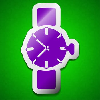 Wrist Watch icon sign. Symbol chic colored sticky label on green background.  illustration