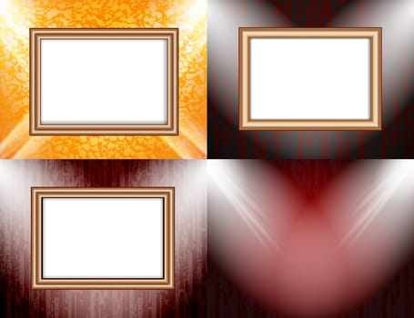 Set of Blank frame on a color wall lighting, abstract colored background with spotlights.  illustration