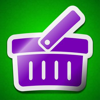 Shopping Cart icon sign. Symbol chic colored sticky label on green background.  illustration