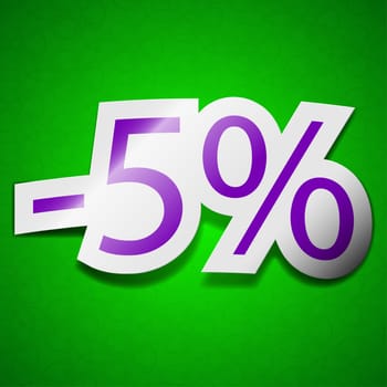 5 percent discount icon sign. Symbol chic colored sticky label on green background.  illustration