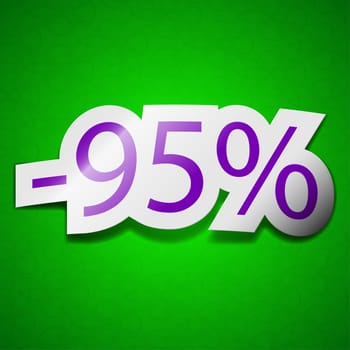 95 percent discount icon sign. Symbol chic colored sticky label on green background.  illustration