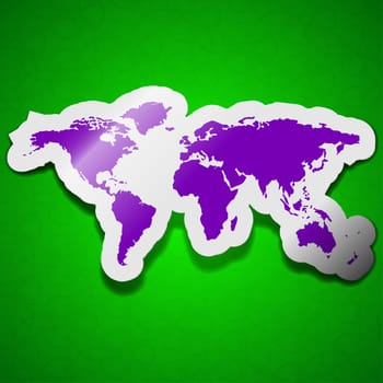 World map icon sign. Symbol chic colored sticky label on green background.  illustration