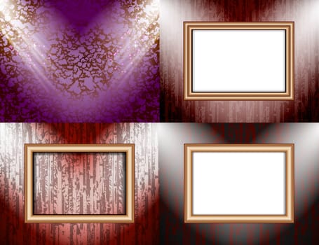 Set of Blank frame on a color wall lighting, abstract colored background with spotlights.  illustration