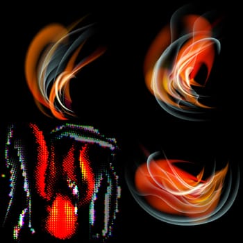 Set of Flames of different shapes on a black background. . Mesh.  illustration