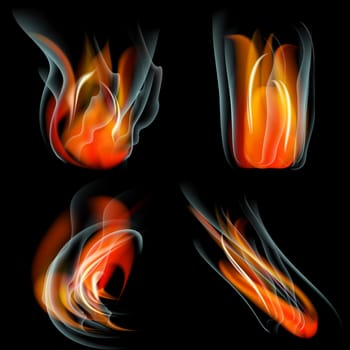 Set of Flames of different shapes on a black background. . Mesh.  illustration