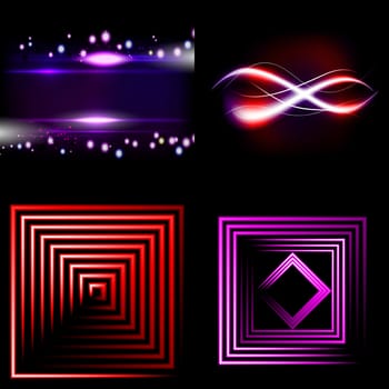 Set  of colorful  abstract background with blurred magic neon light curved lines.  illustration