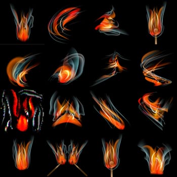 Set of Flames of different shapes on a black background. . Mesh.  illustration
