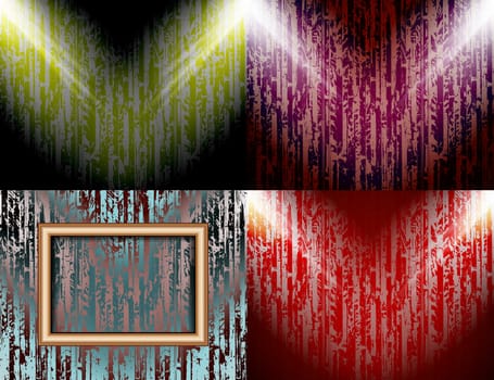 Set of colorful abstract backgrounds and frames for text or photos illuminated by searchlights.  illustration