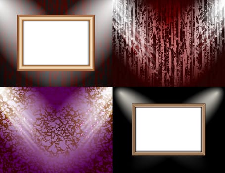 Set of colorful abstract backgrounds and frames for text or photos illuminated by searchlights.  illustration