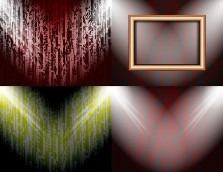 Set of colorful abstract backgrounds and frames for text or photos illuminated by searchlights.  illustration