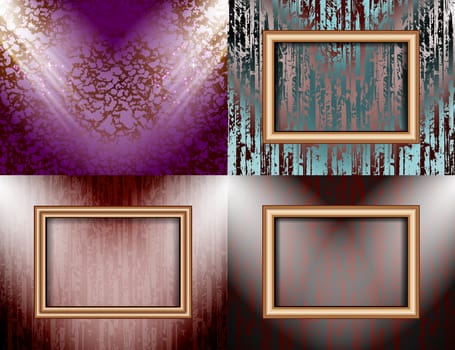 Set of colorful abstract backgrounds and frames for text or photos illuminated by searchlights.  illustration