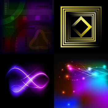 Set  of colorful  abstract background with blurred magic neon light curved lines.  illustration