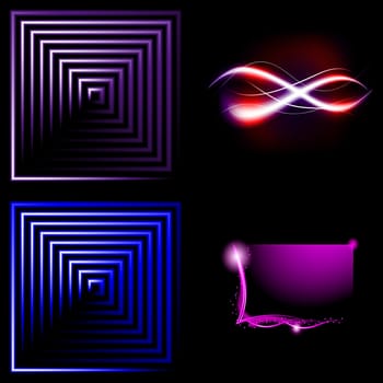 Set  of colorful  abstract background with blurred magic neon light curved lines.  illustration