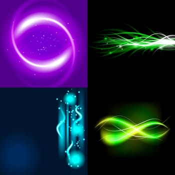 Set  of colorful  abstract background with blurred magic neon light curved lines.  illustration