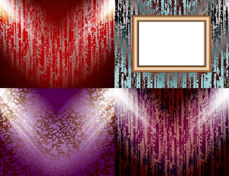 Set of colorful abstract backgrounds and frames for text or photos illuminated by searchlights.  illustration