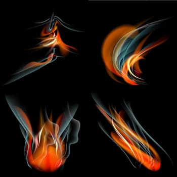 Set of Flames of different shapes on a black background. . Mesh.  illustration