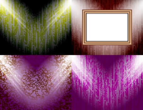 Set of colorful abstract backgrounds and frames for text or photos illuminated by searchlights.  illustration