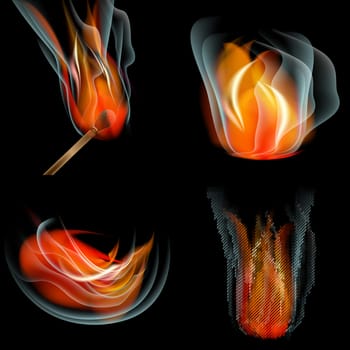 Set of Flames of different shapes on a black background. . Mesh.  illustration